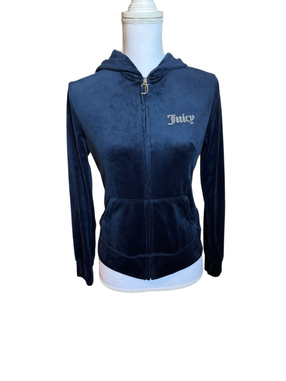 Juicy Couture Bling Velour Hoodie Y2K Style in Regal Blue Navy Small